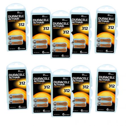 10 plaquettes de 6 piles auditives Duracell 312 sans mercure